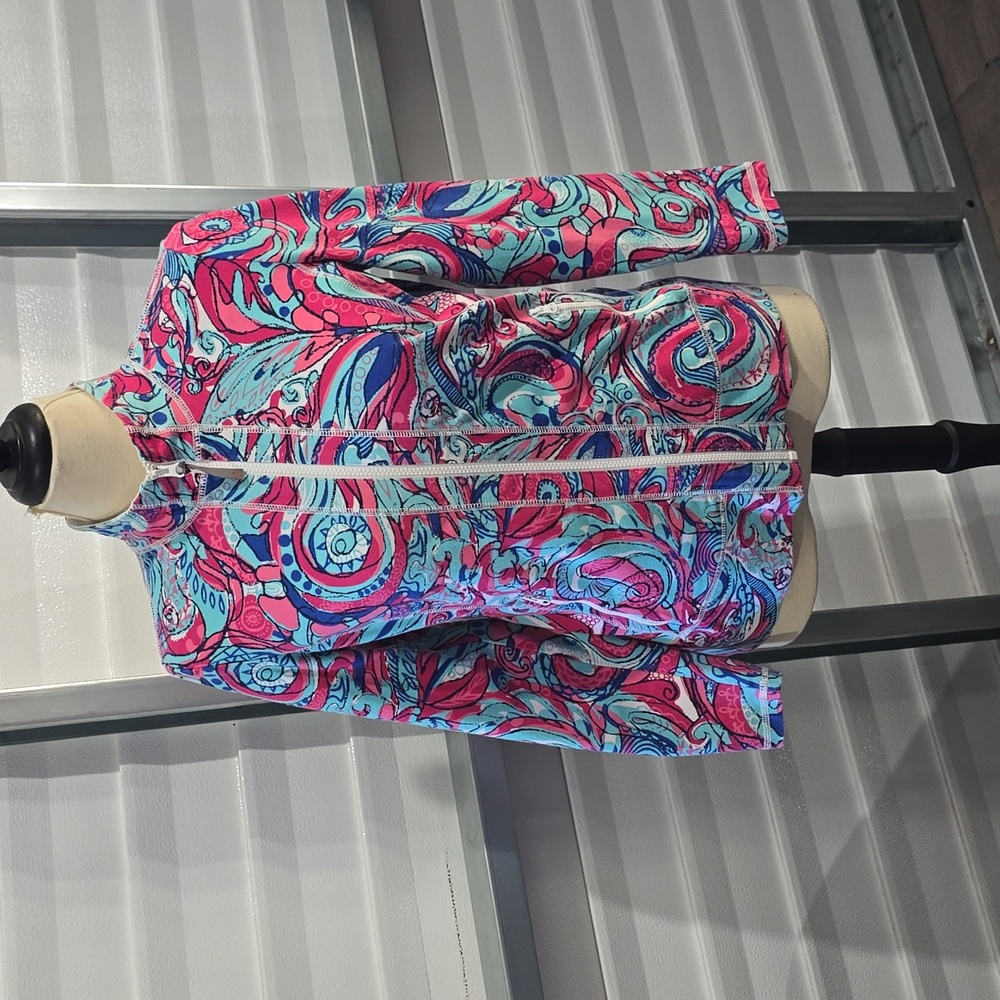 Talbots Activewear Jacket Pink & Blue Swirls Zippered Pockets Stretchy & Soft MP